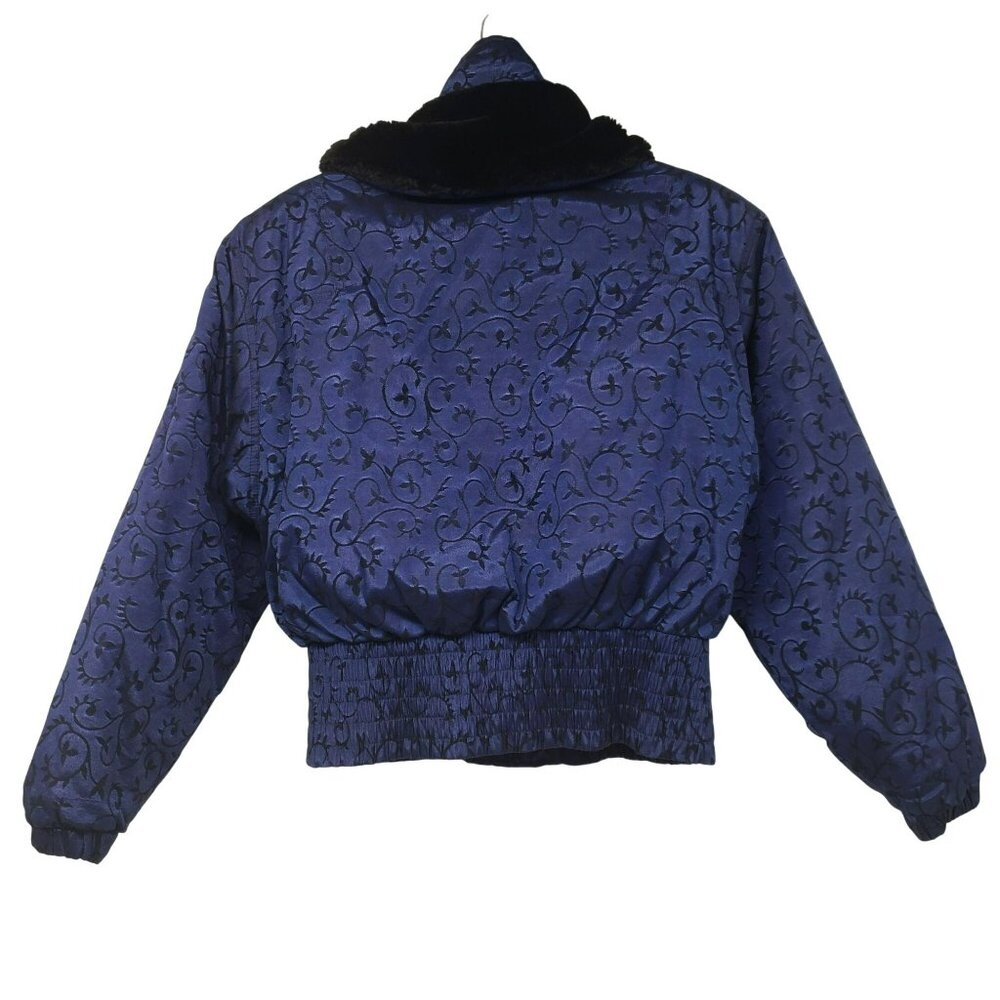 Vintage Nils Down Fill Ski Jacket Winter Coat Fur Trim Blue Jacquard Print Retro - Picture 3 of 16